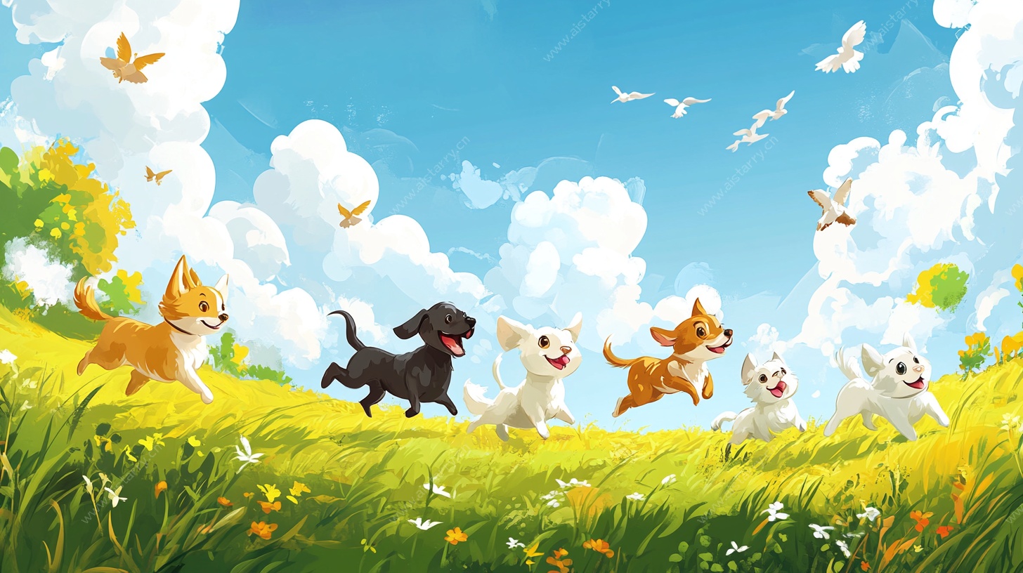 欢乐小狗在草地奔跑图景