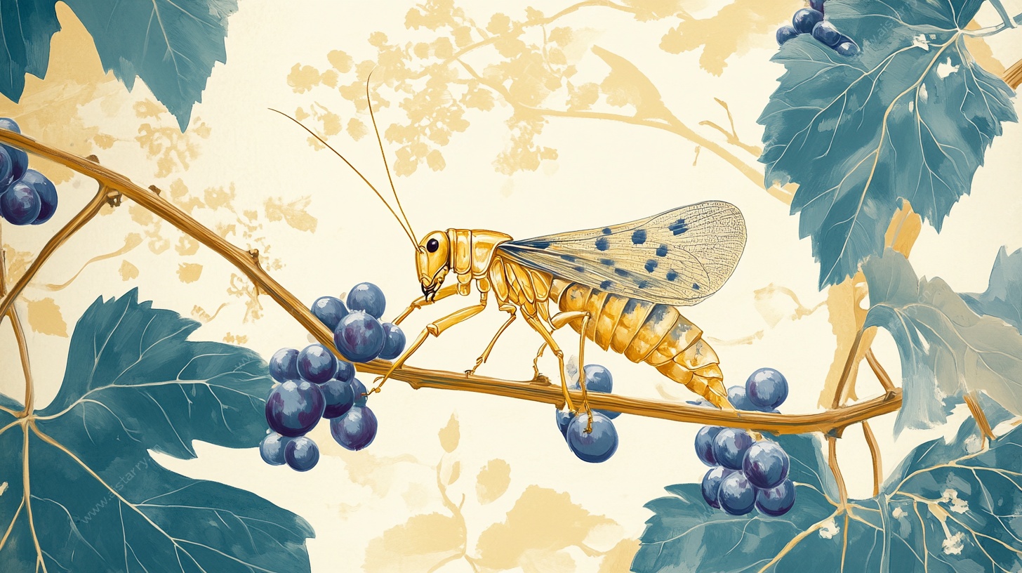 昆虫栖于葡萄枝的插画