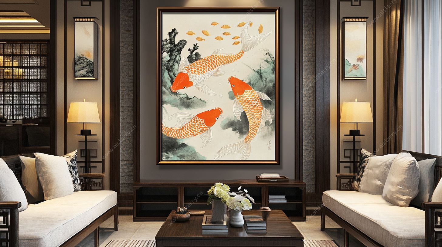 中式客厅中的锦鲤挂画