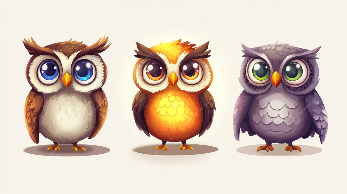 三只萌态猫头鹰插画