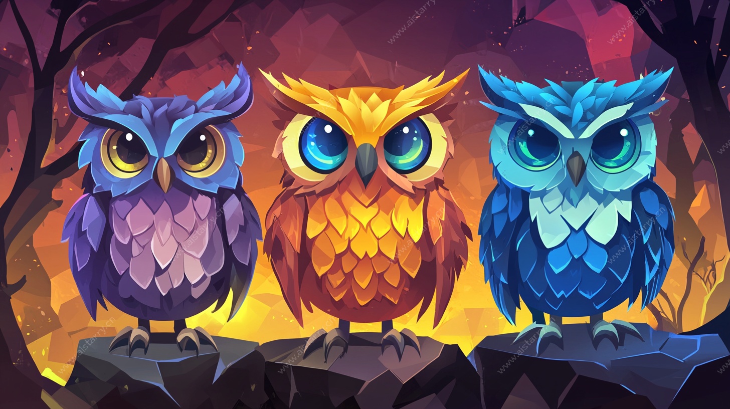 三只奇幻色彩猫头鹰插画