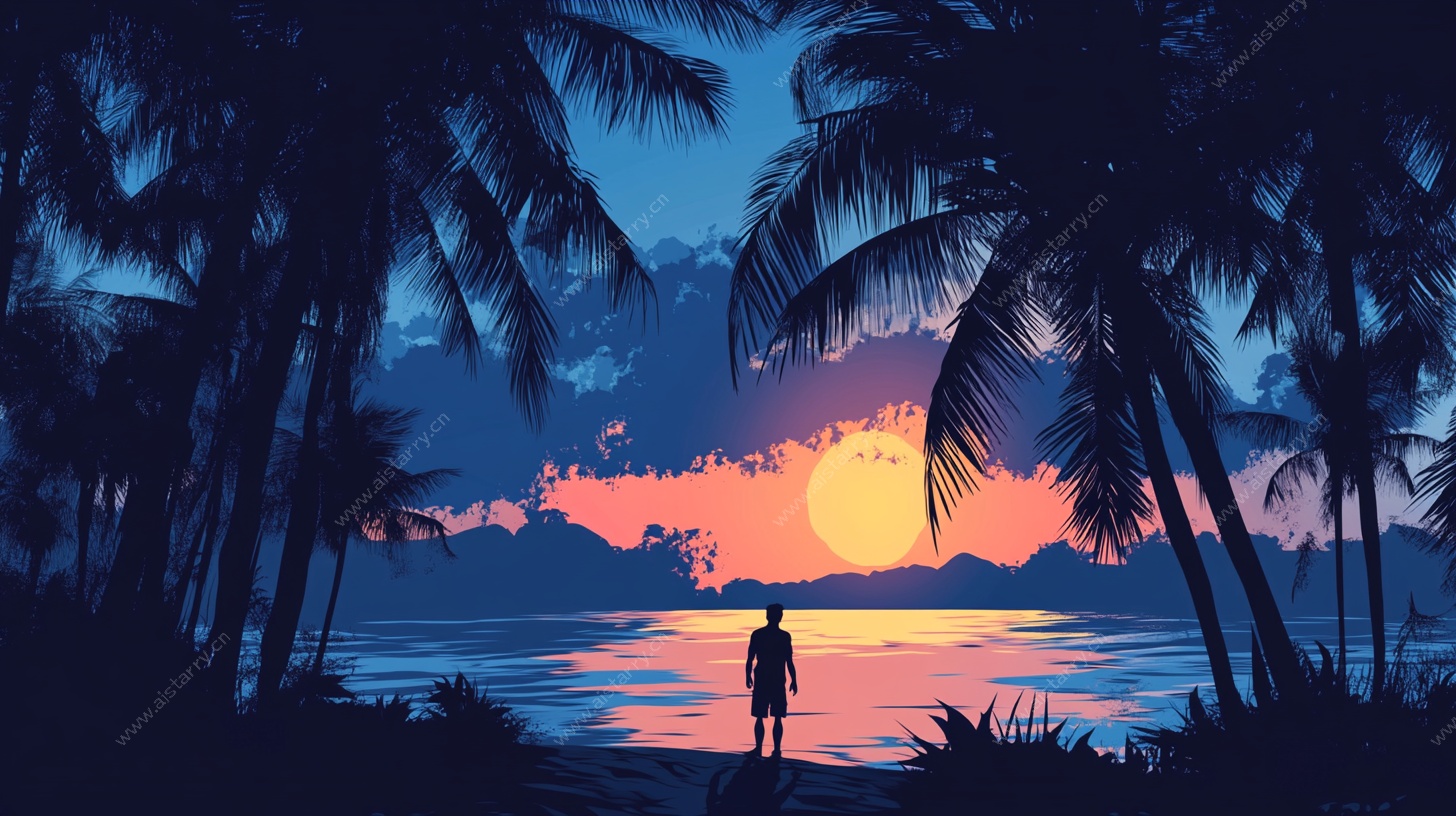 夕阳下的海边剪影