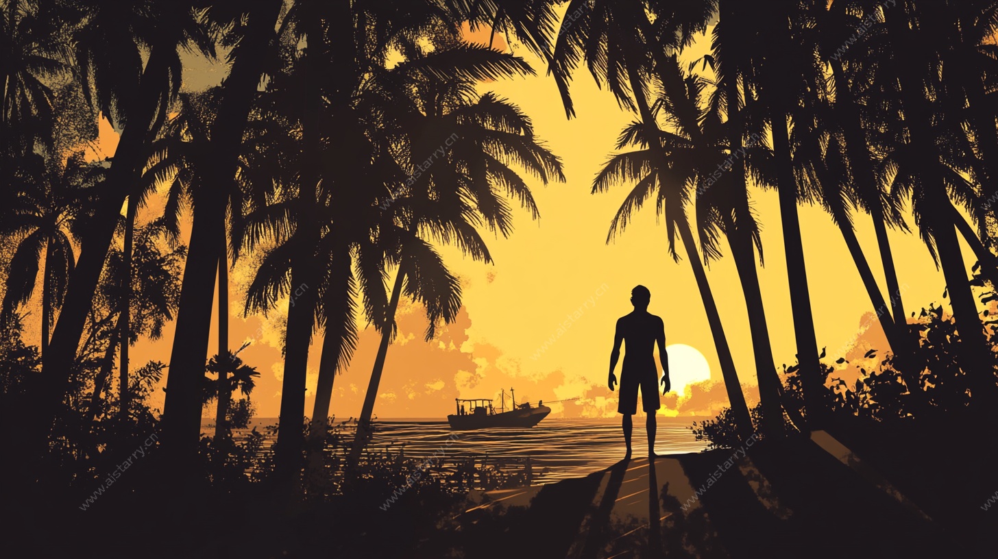 夕阳下的海岛漫步身影