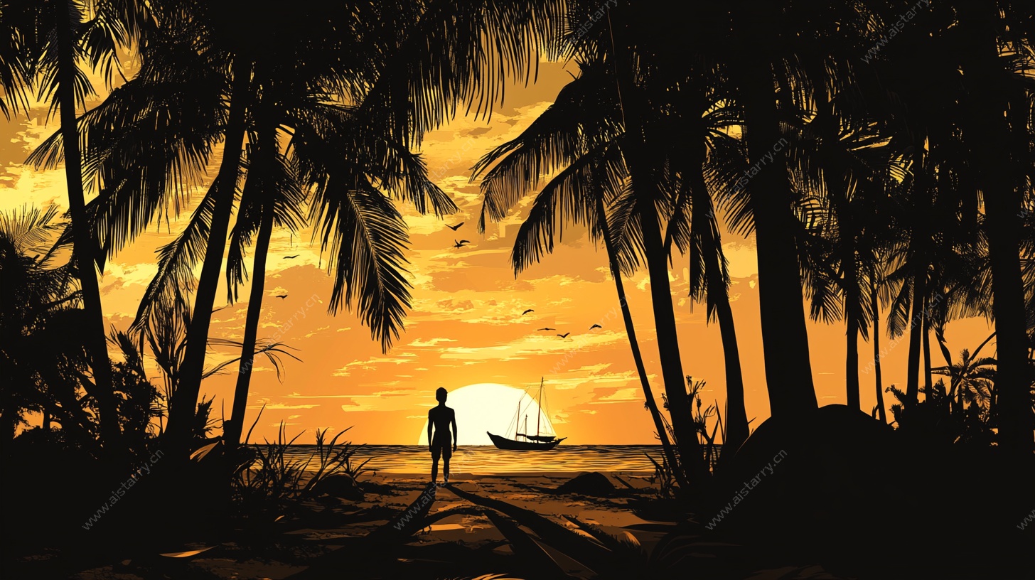 夕阳下的海滩剪影