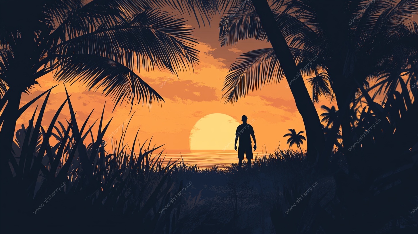 夕阳下的海滩独行者