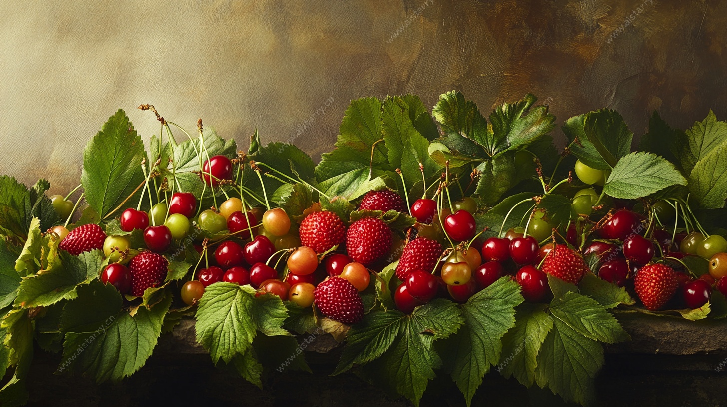 新鲜浆果与绿叶静物图