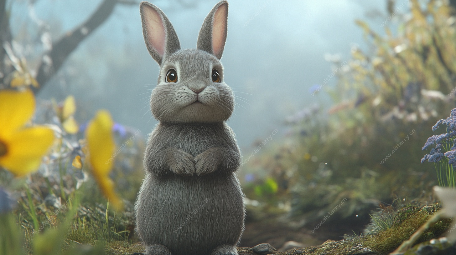 可爱灰兔立于花草间