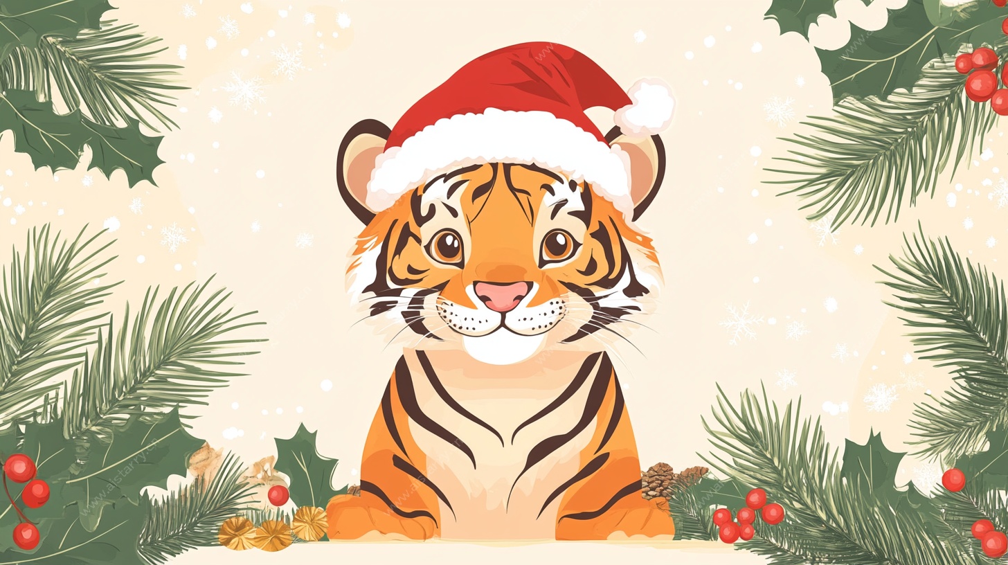 戴圣诞帽的可爱小老虎