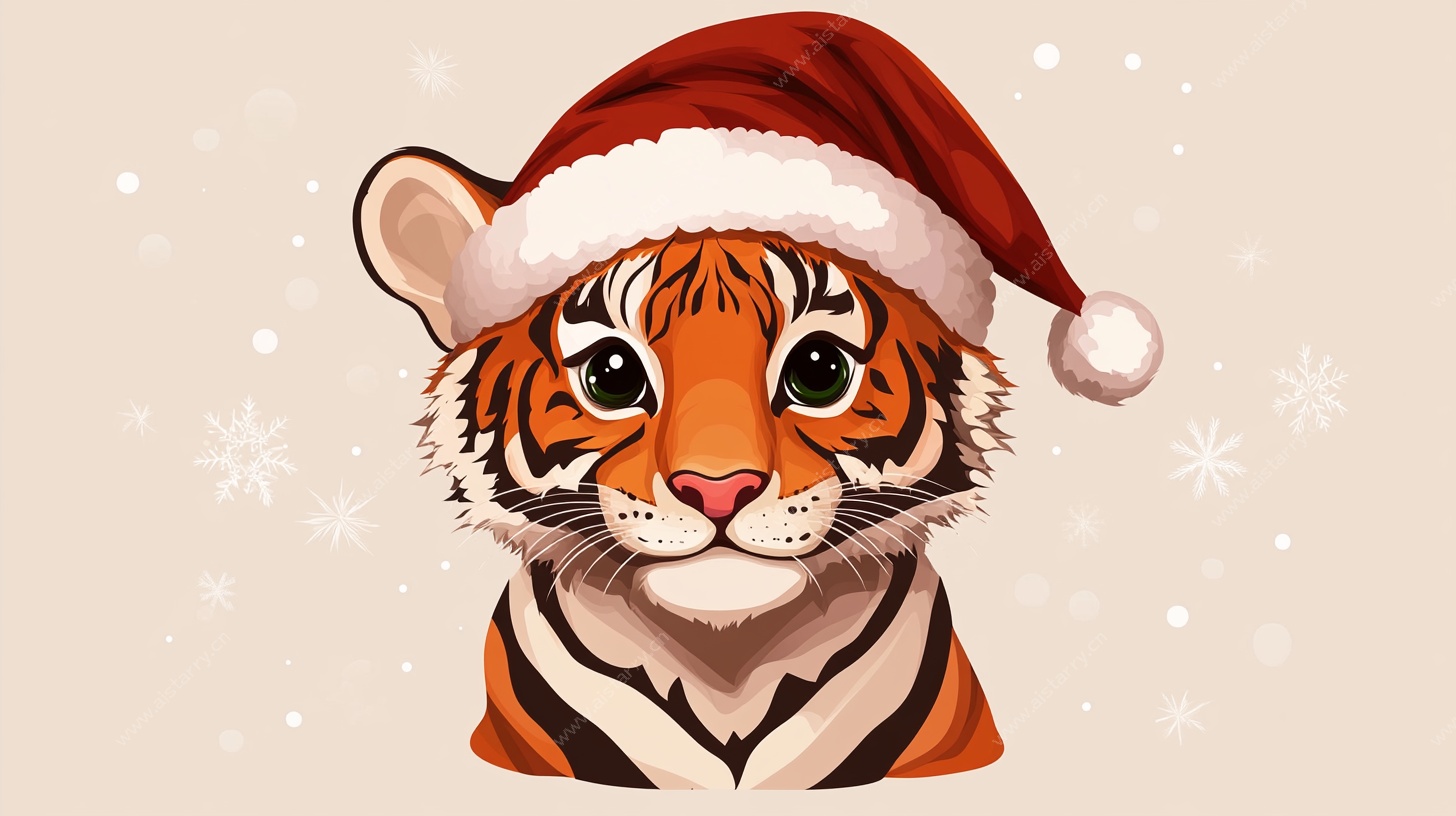 戴圣诞帽的可爱小老虎