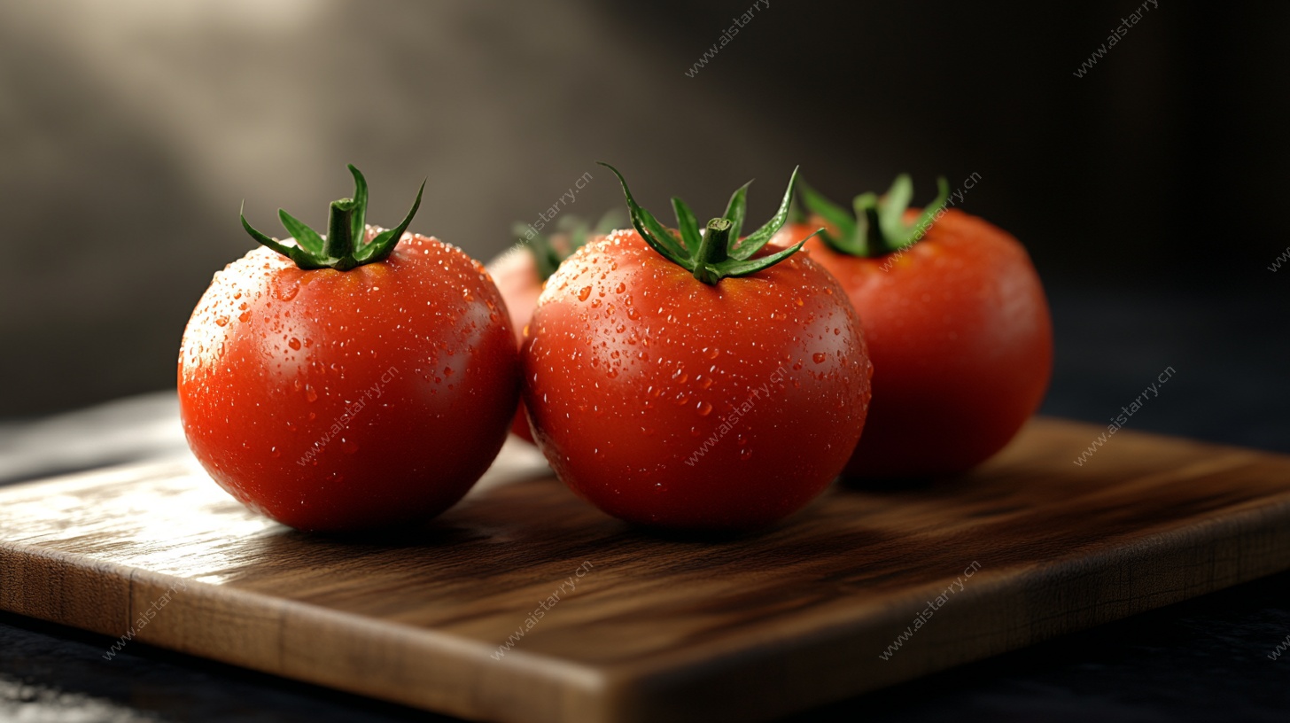新鲜番茄摆于木砧板上