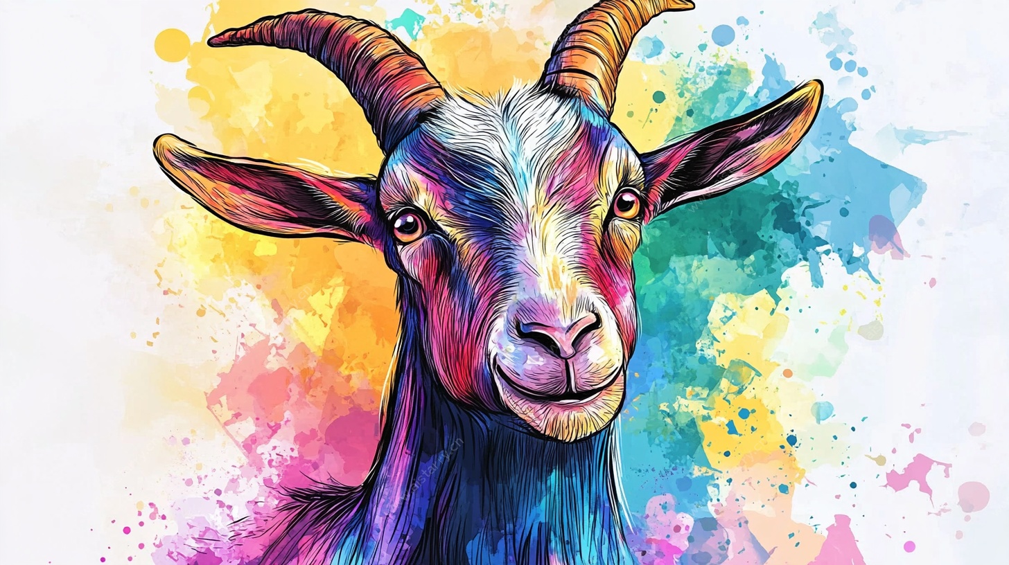 彩色山羊水彩艺术插画