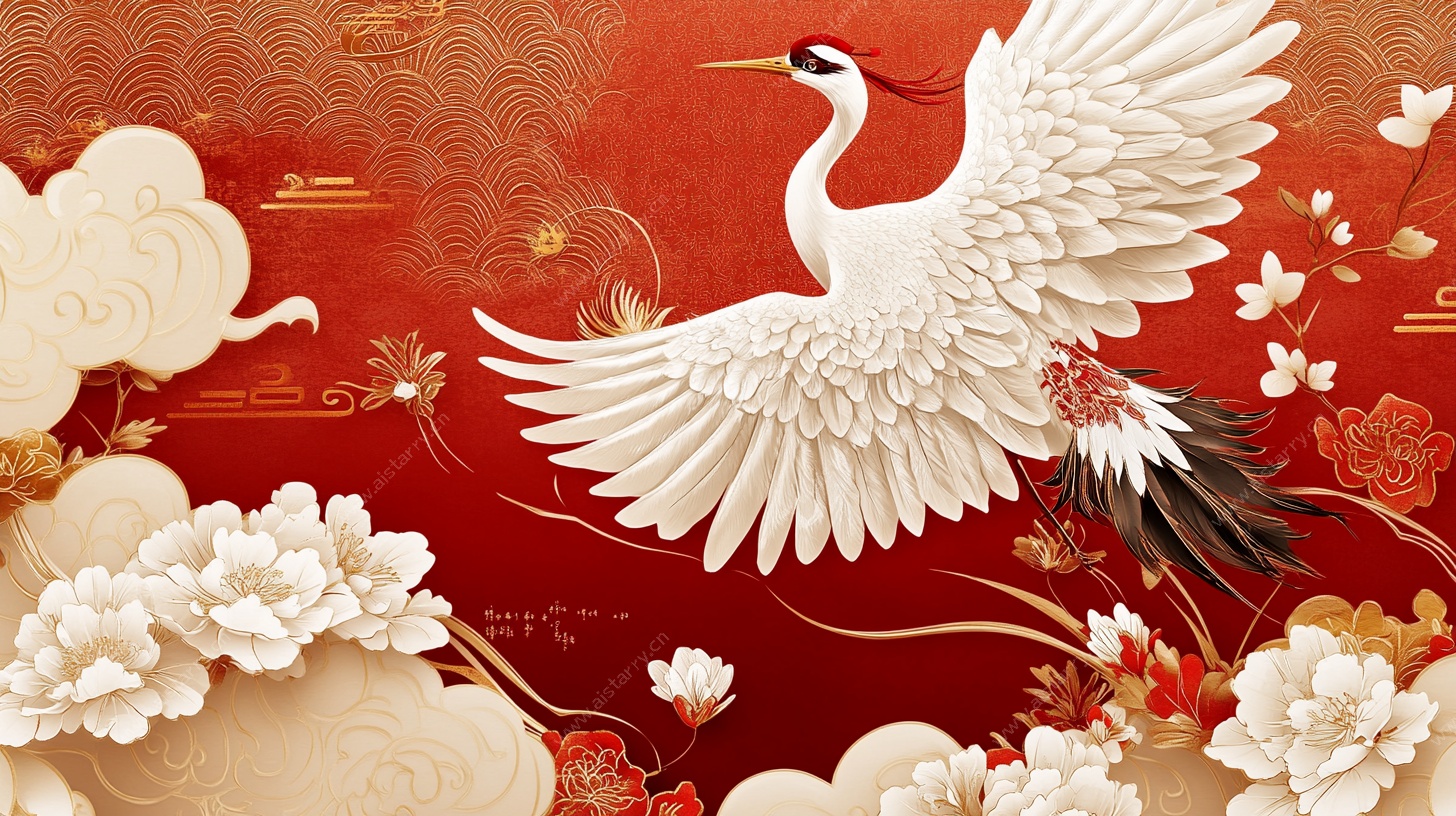 红底仙鹤花卉国风插画