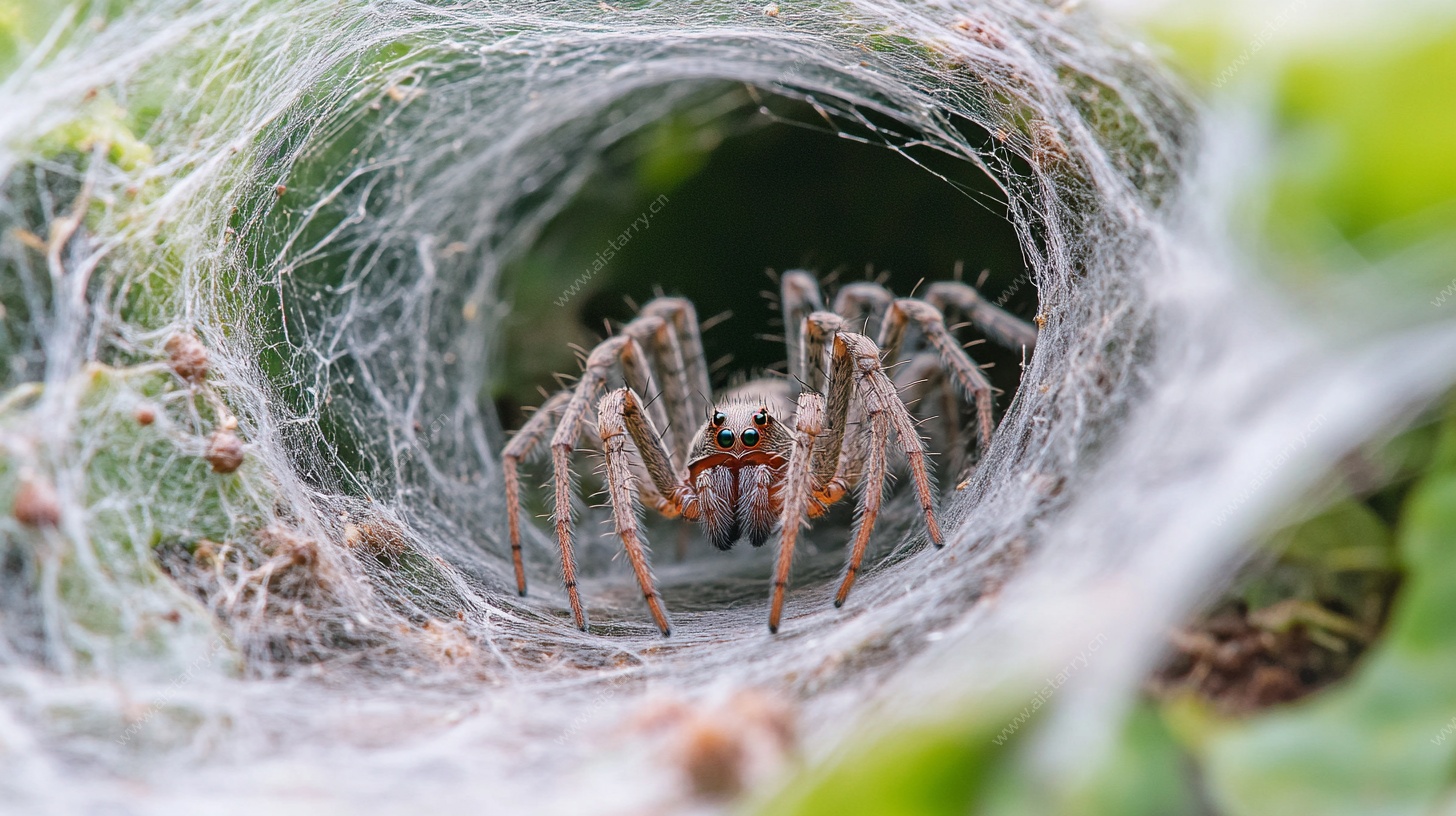 蜘蛛藏身蛛网中特写