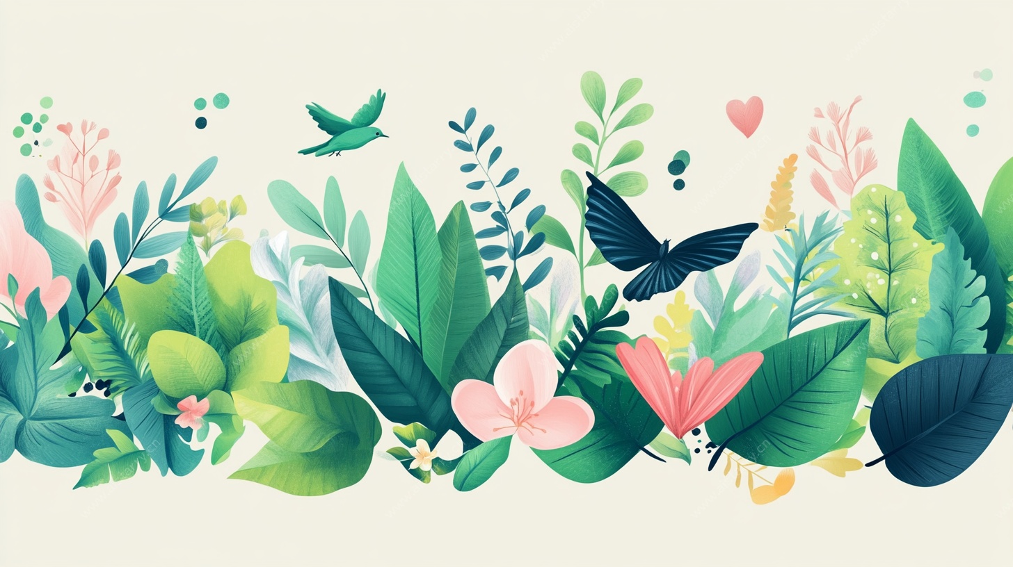 清新植物花鸟插画图案
