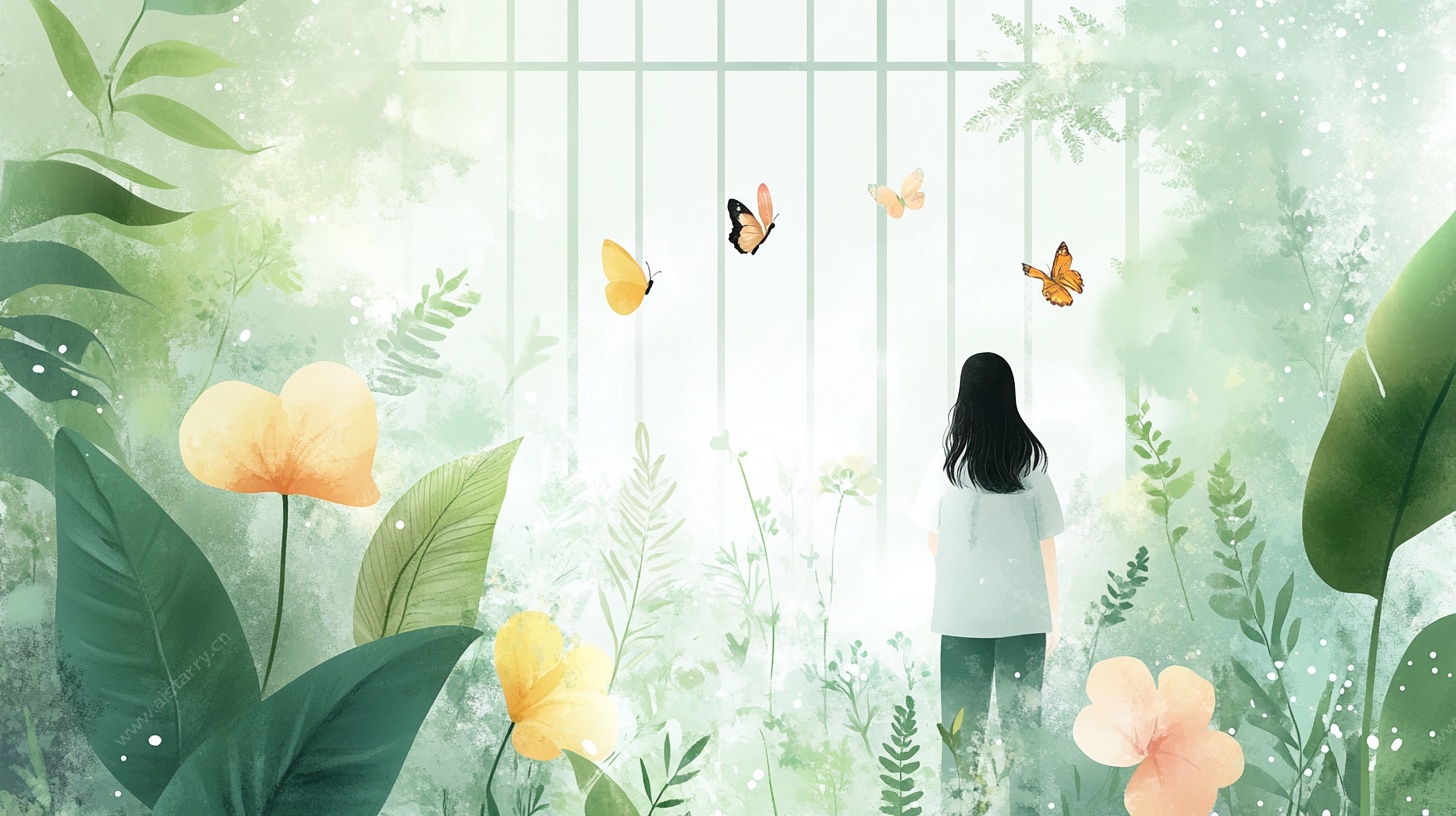 少女漫步梦幻绿植间