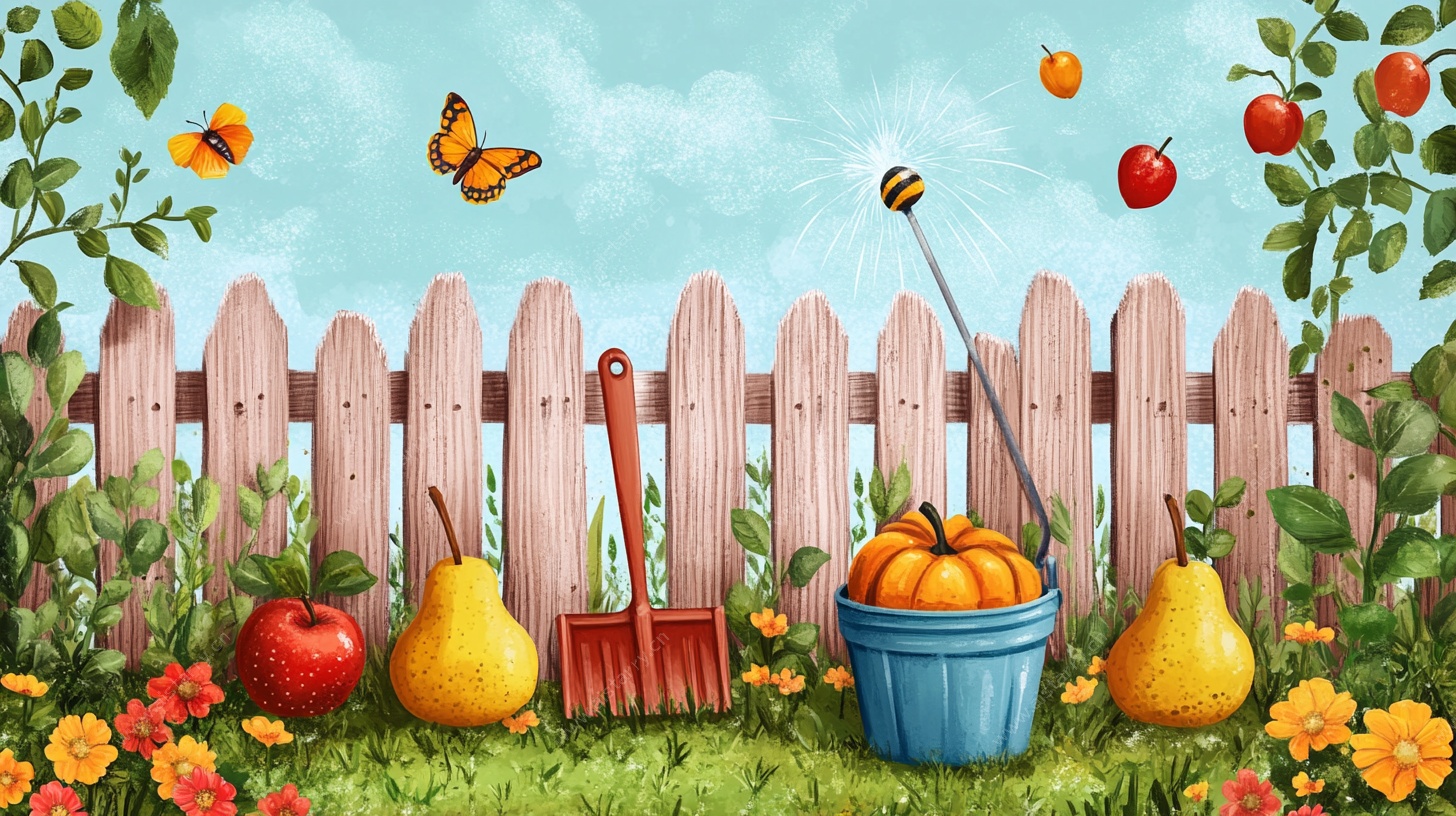 田园小院蔬果工具插画