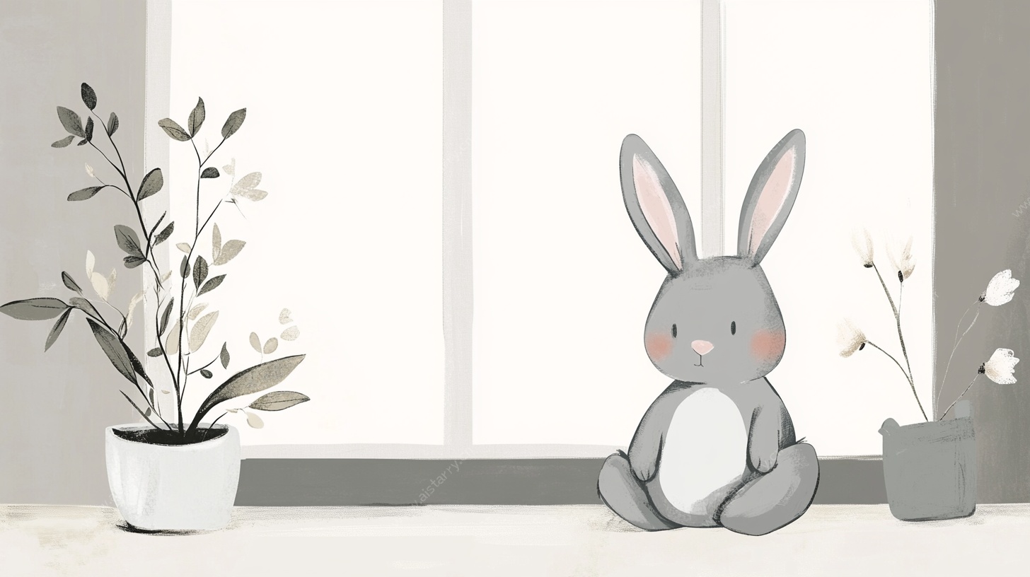 窗边萌兔与绿植插画