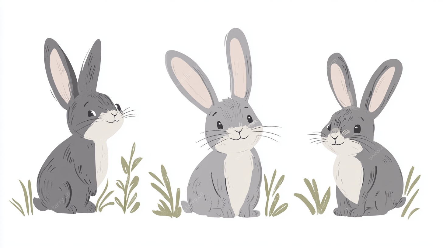 三只萌兔坐于草丛中