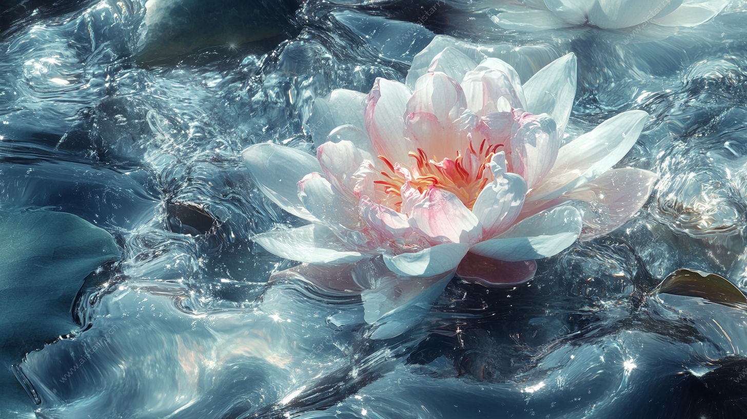 冰上绽放的梦幻白莲花