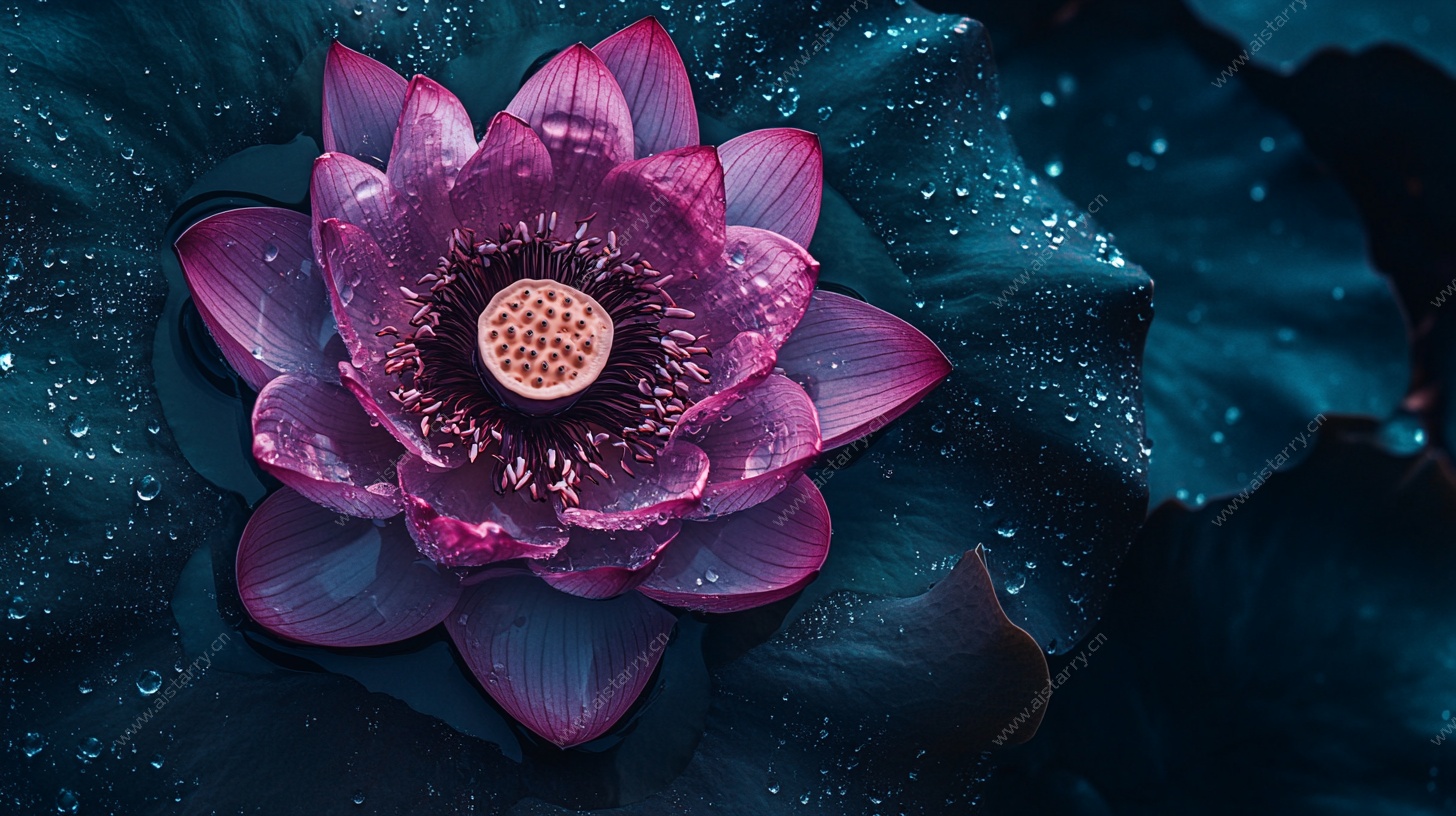 梦幻紫莲绽于幽蓝水面