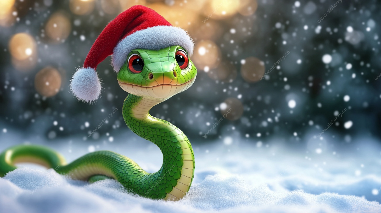 戴圣诞帽的绿色小蛇