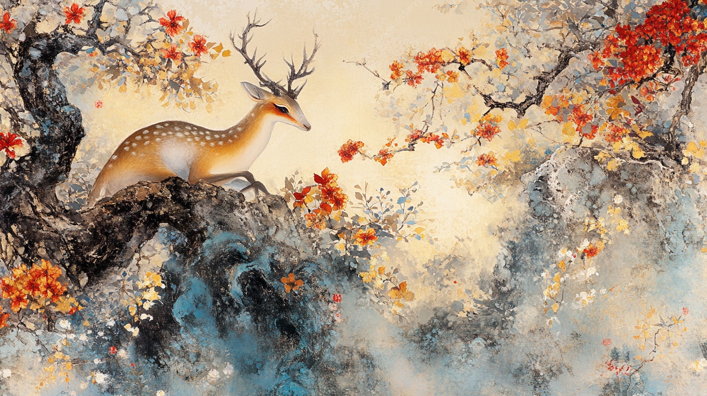 鹿栖繁花间中式水墨画