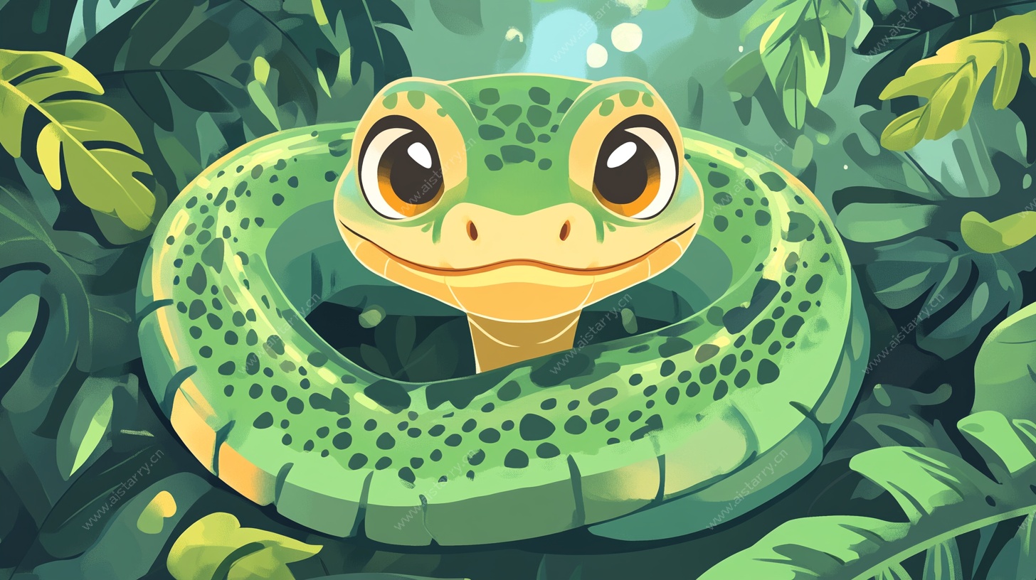 丛林中的可爱绿蛇插画