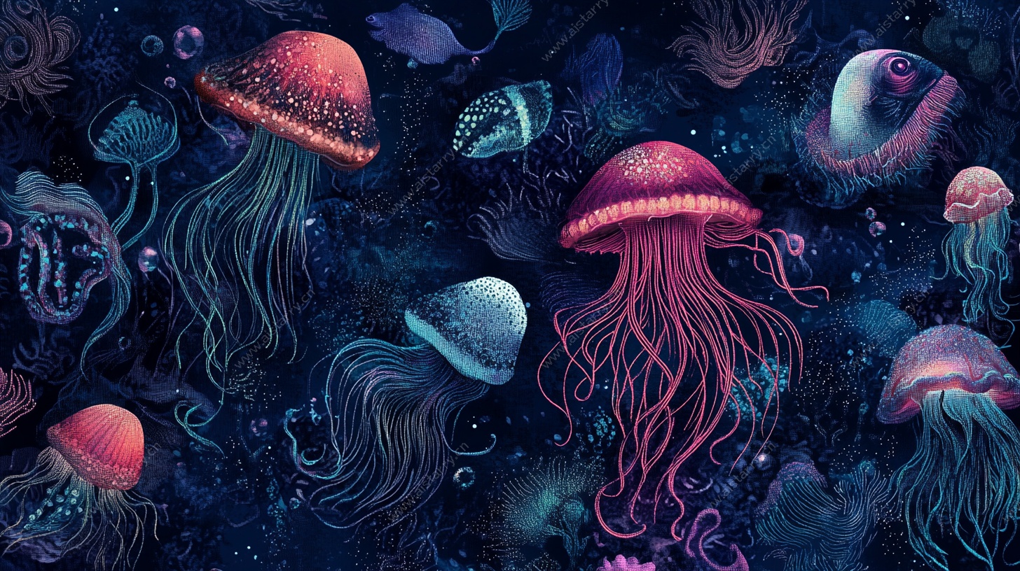 梦幻深海水母群插画