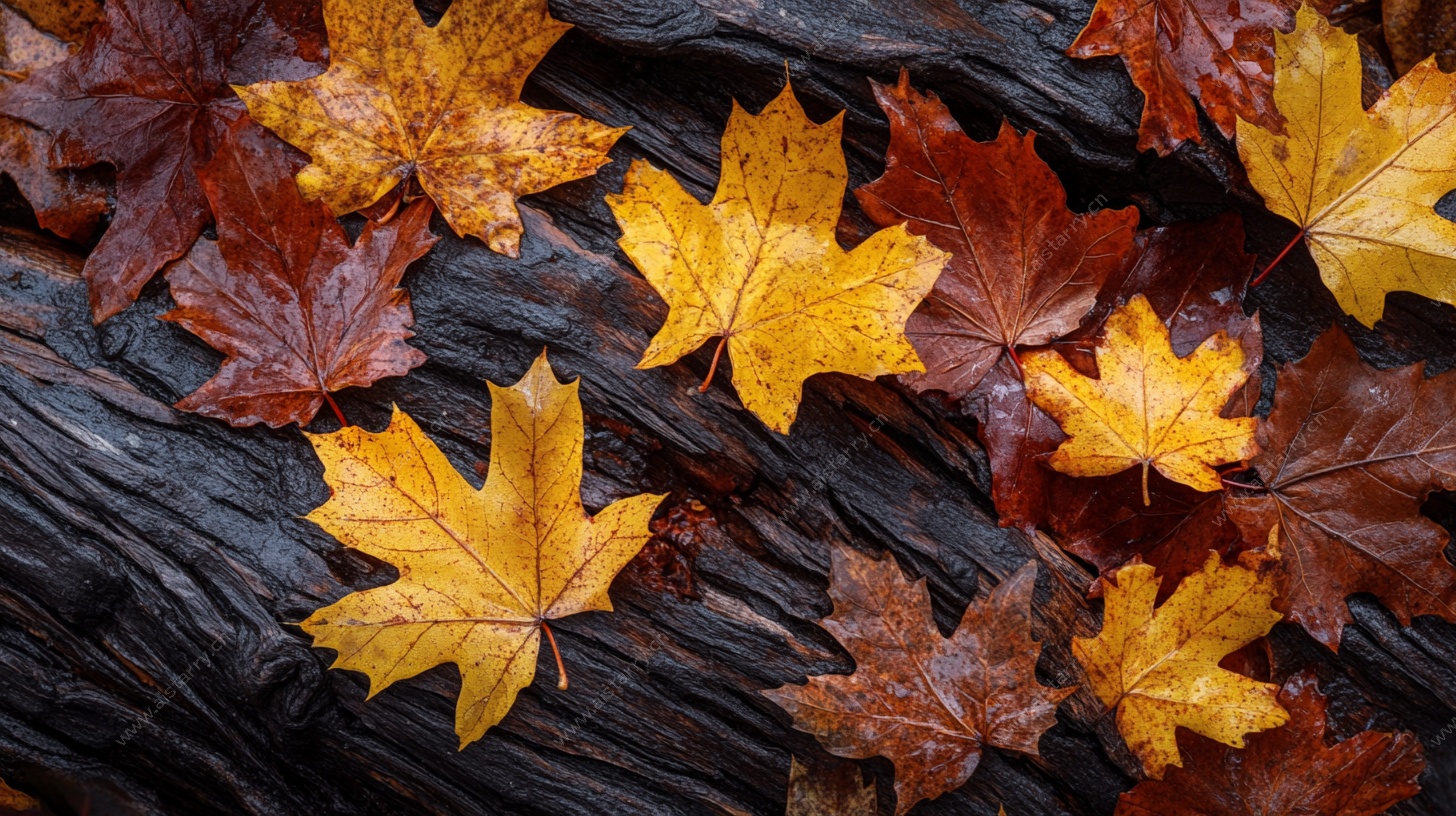 秋日落叶覆于斑驳木上