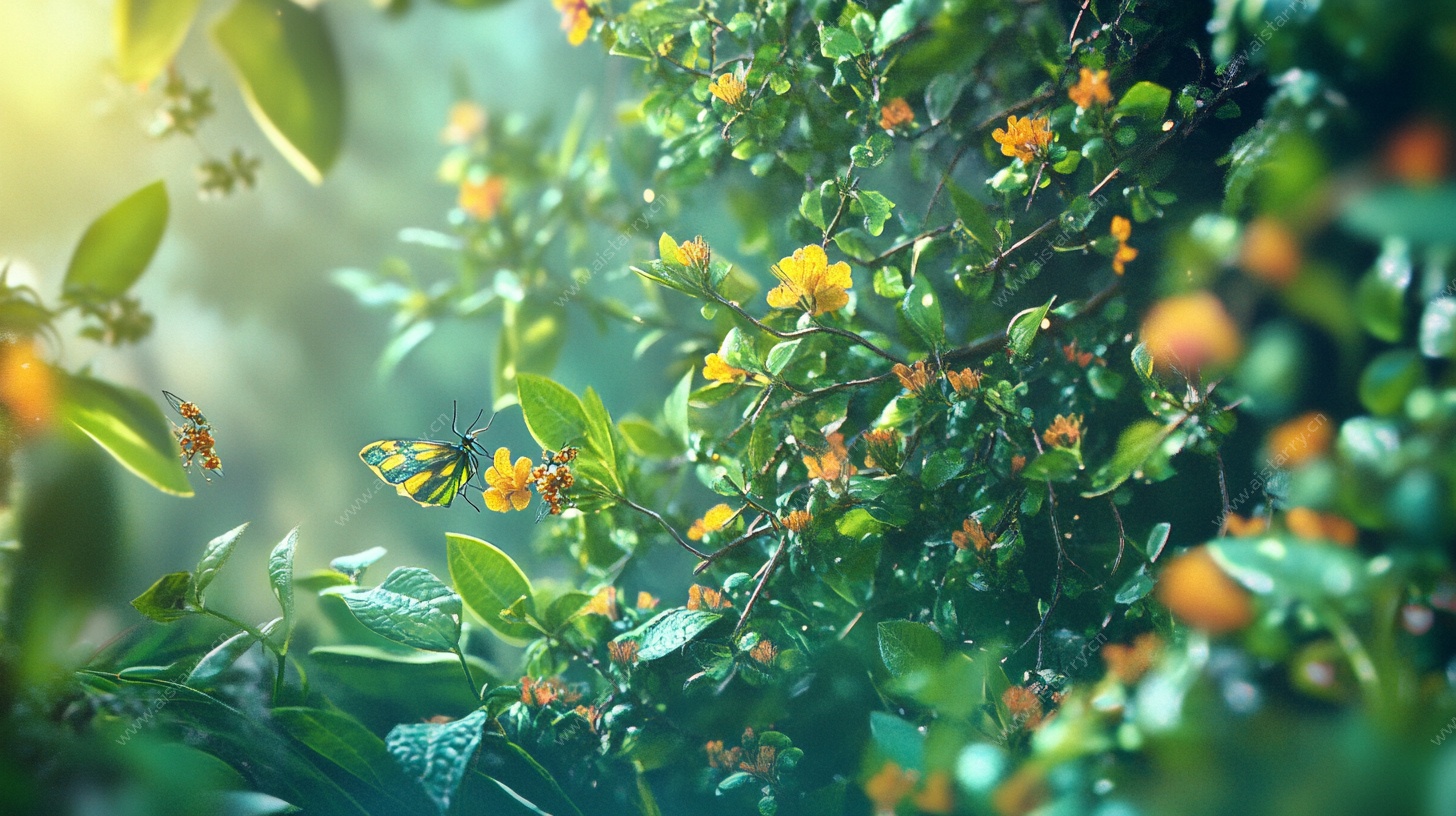 阳光下的繁花绿叶