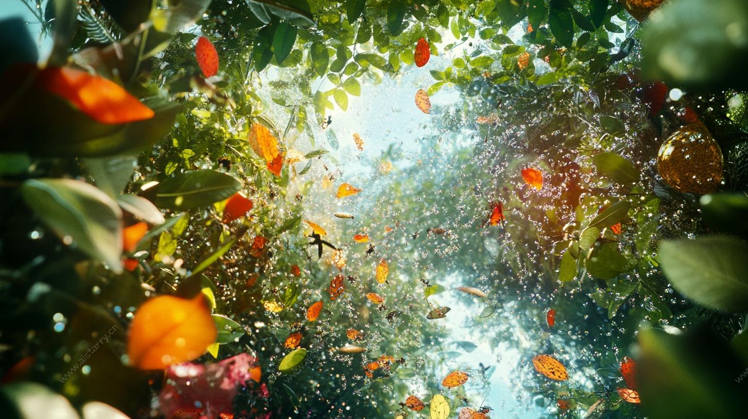 梦幻森林中的秋叶飘落景象