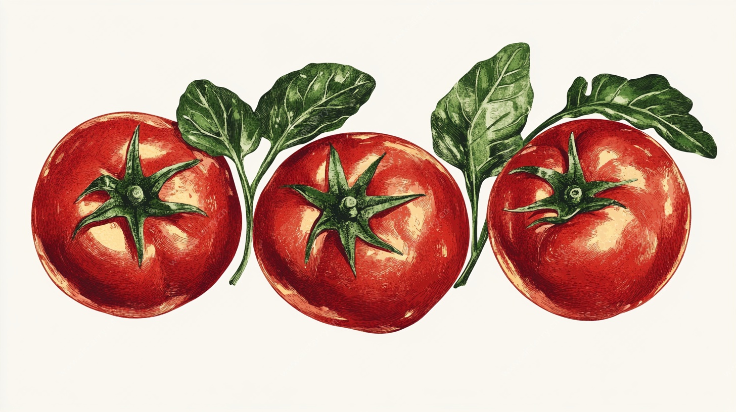 手绘红番茄与绿叶组合