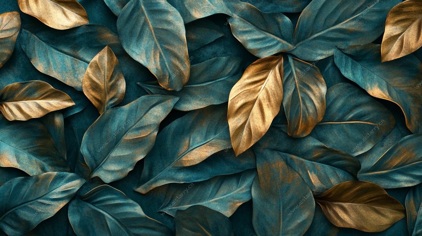 蓝金树叶纹理背景图