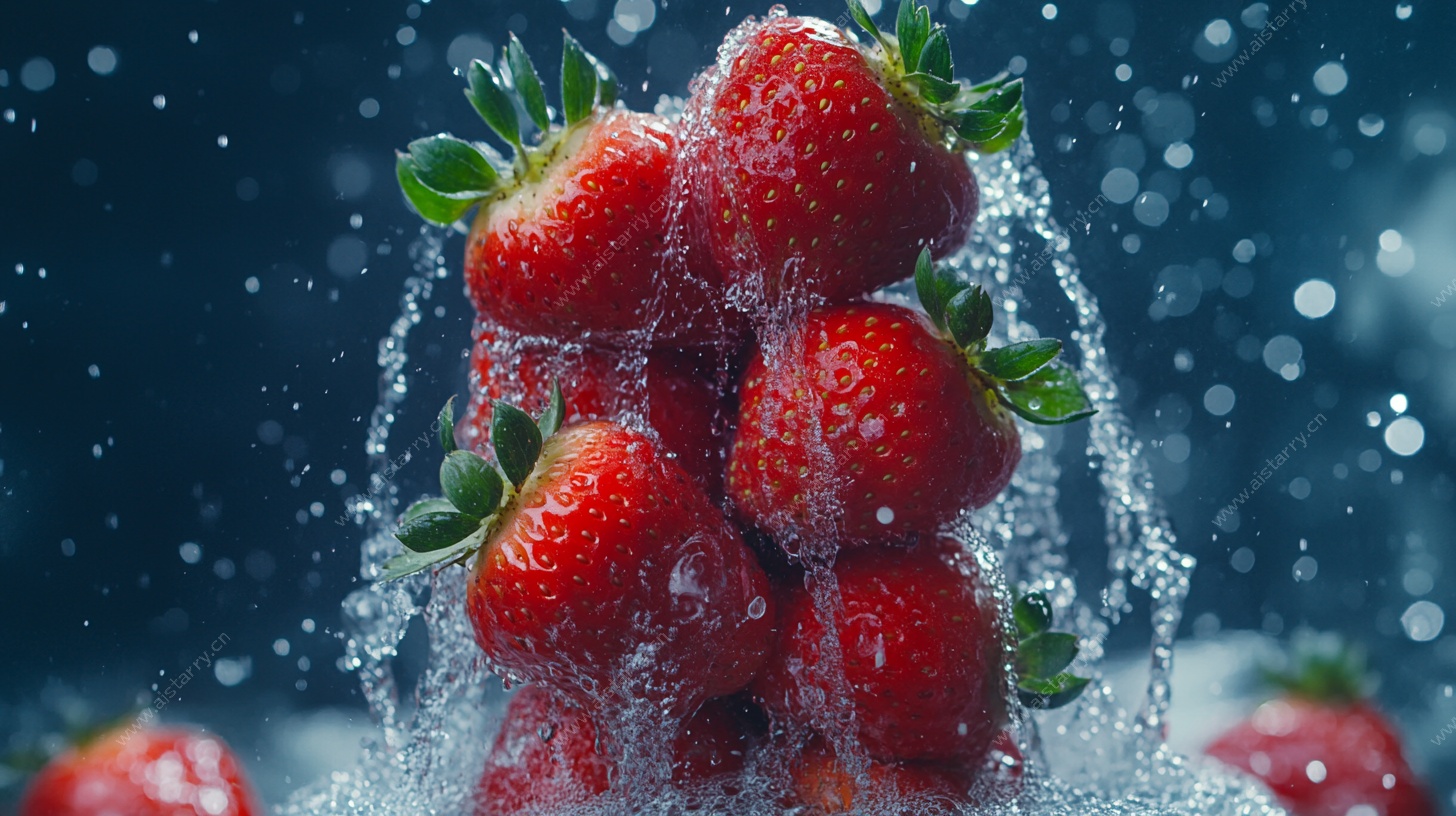新鲜草莓溅起晶莹水花