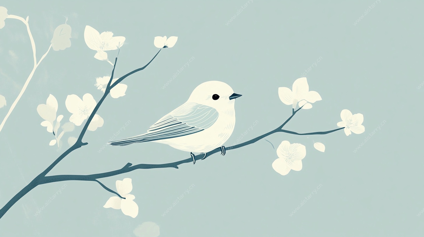 枝头小鸟与繁花插画