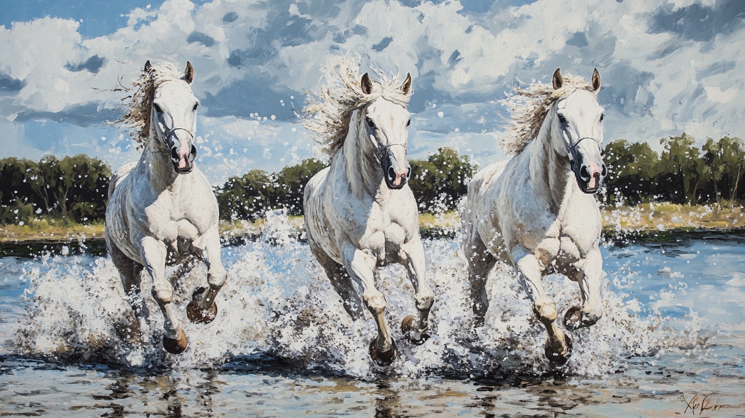 三匹白马踏水奔腾图