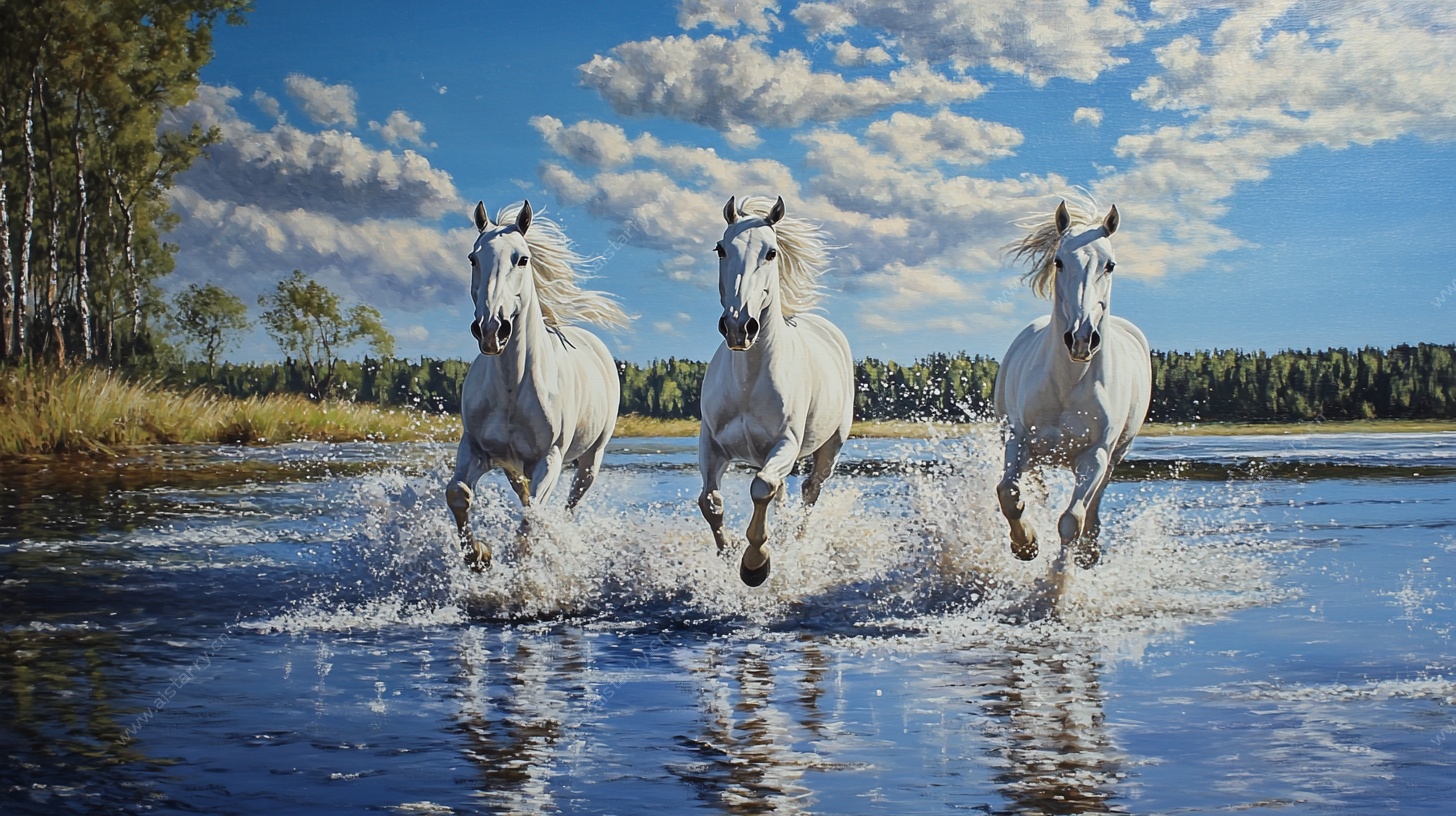 三匹白马踏水奔腾图