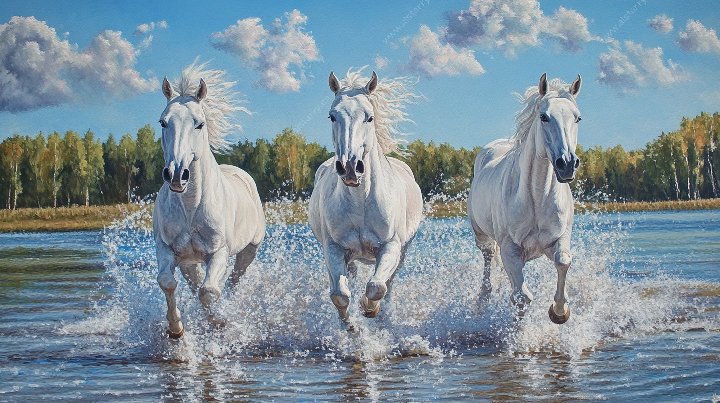 三匹白马踏水奔腾图