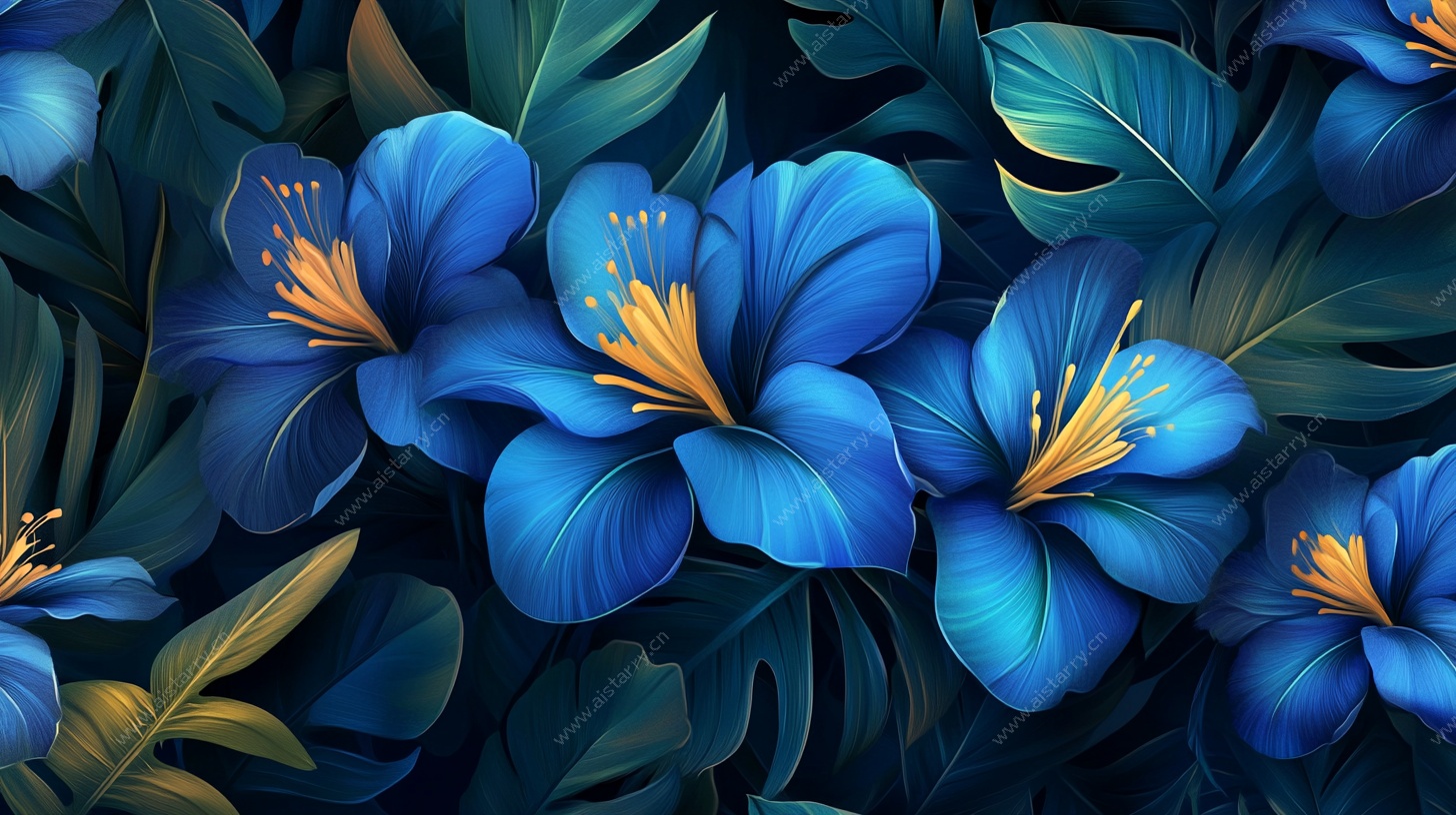 蓝花绿叶的梦幻植物图景