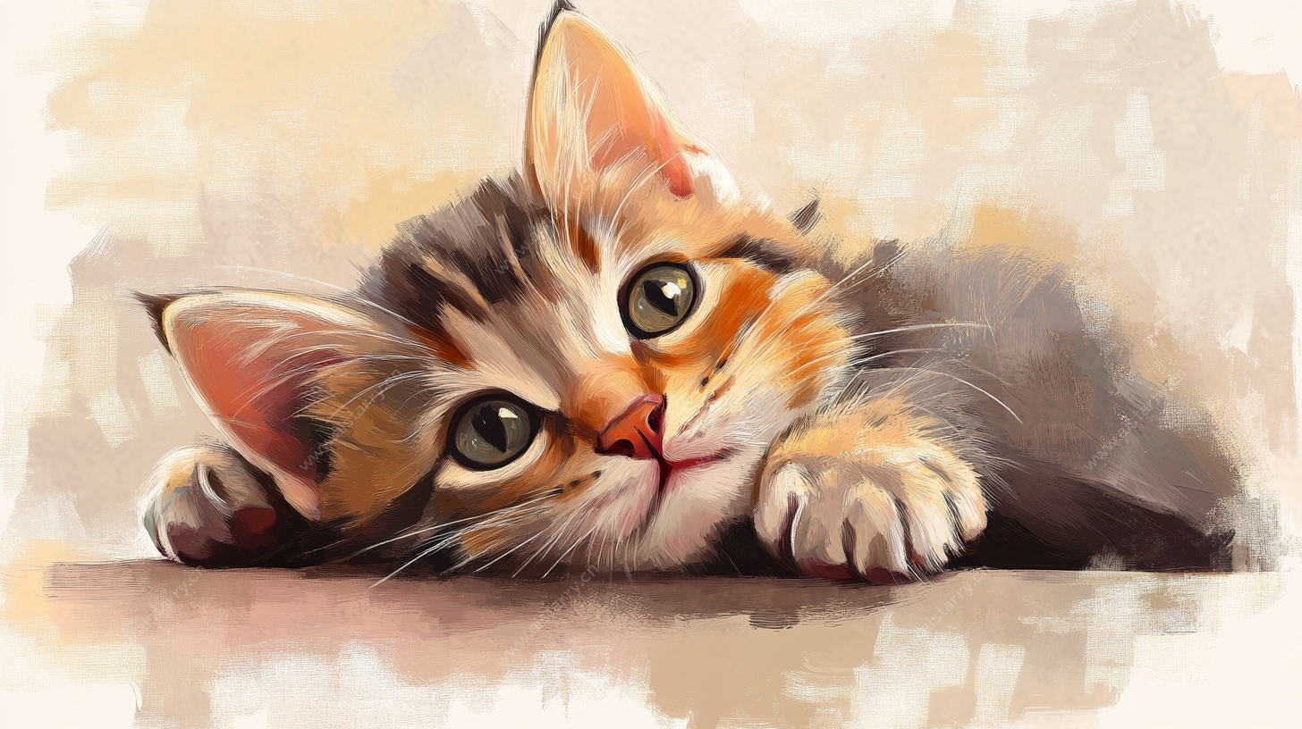 趴着的可爱水彩小猫咪