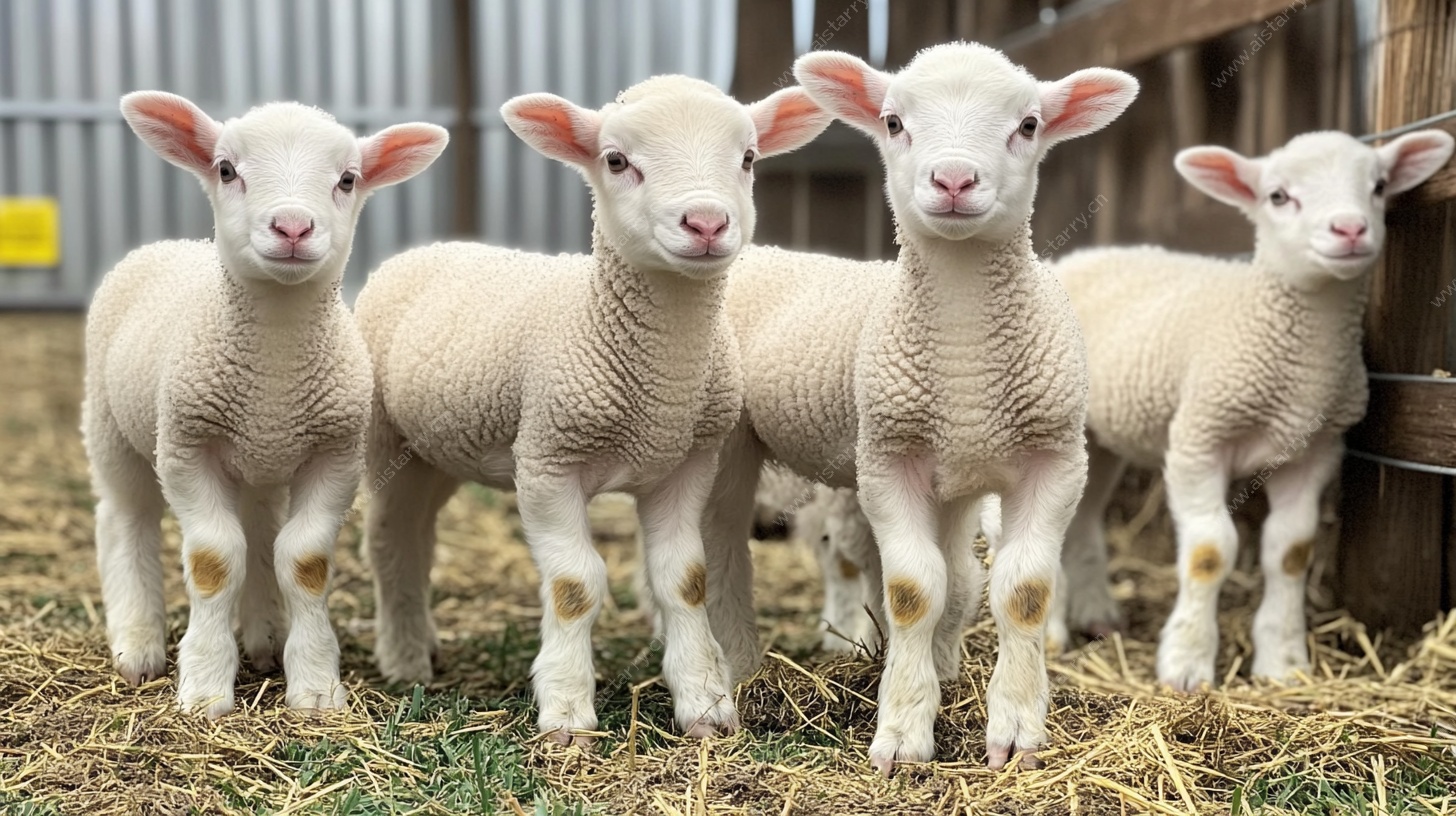 四只可爱小羊站在干草上