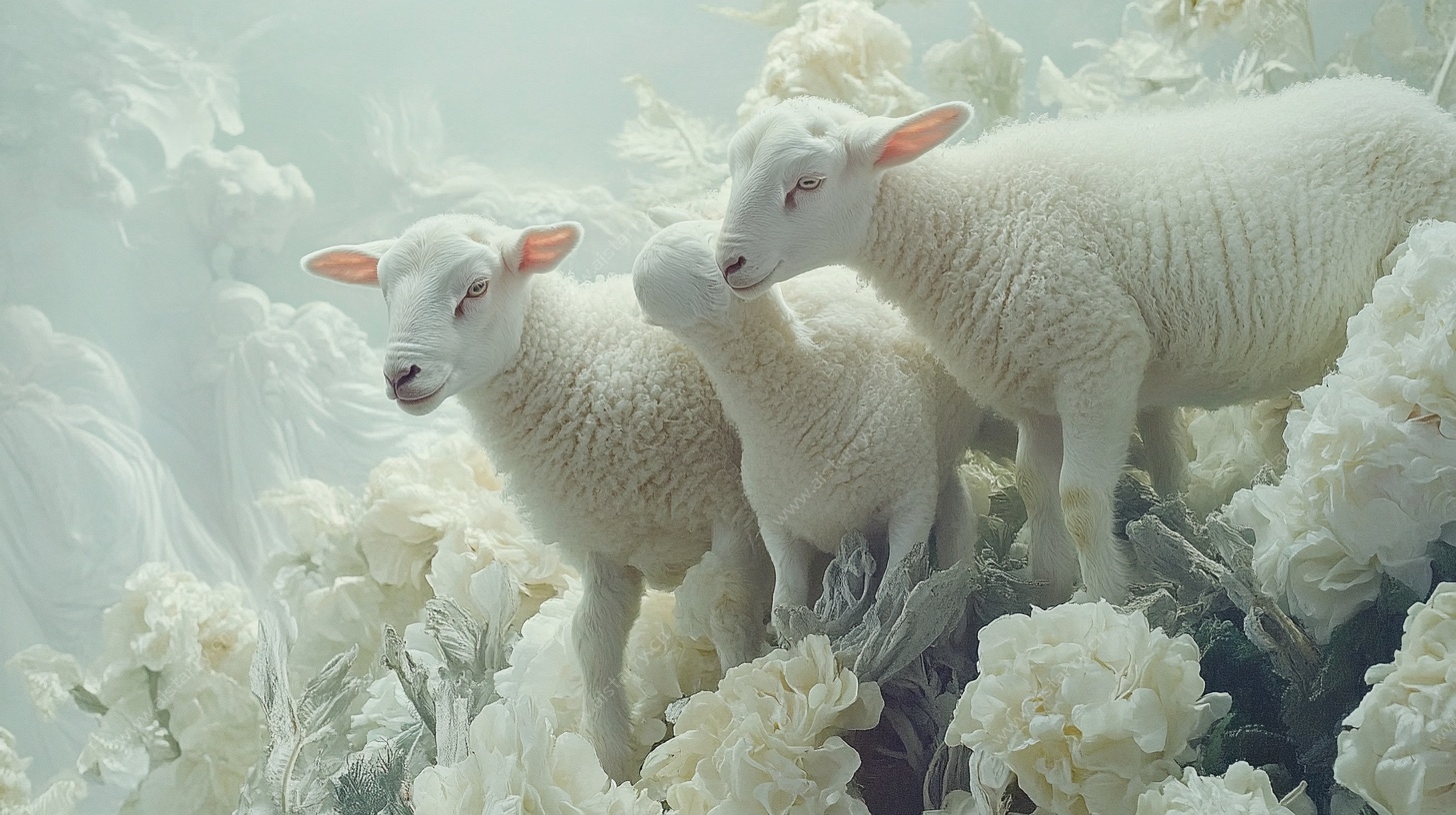 三只小羊立于繁花间