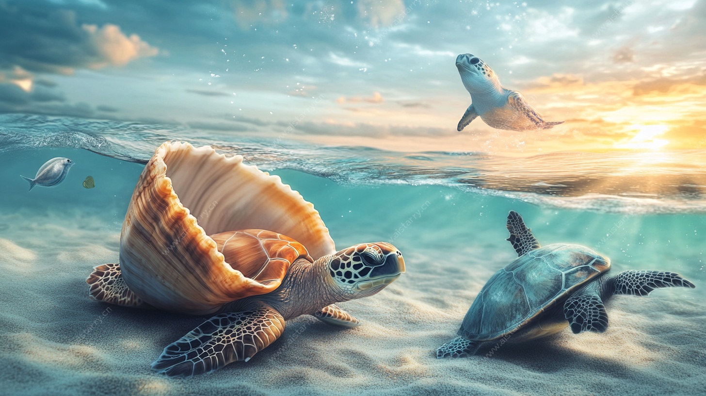 海龟沙滩奇幻海洋场景