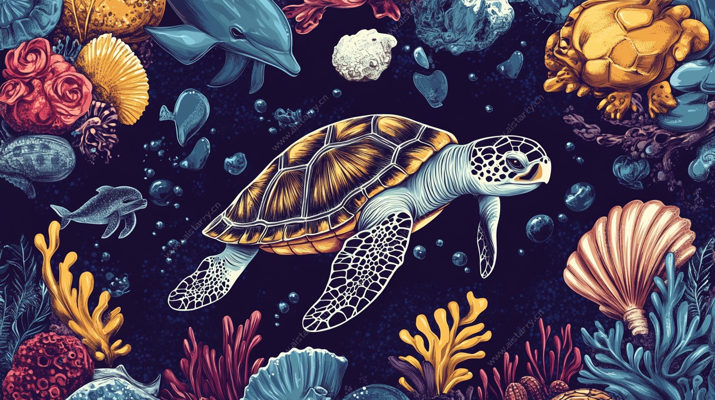 海龟畅游缤纷海底世界