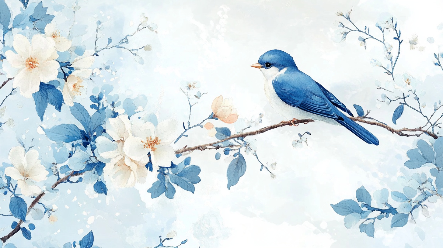 蓝鸟栖花图