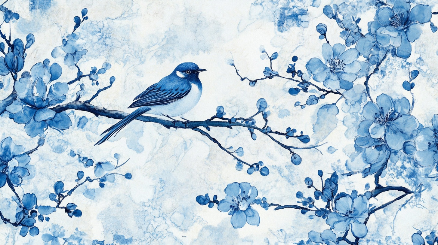 蓝调花鸟绘景图