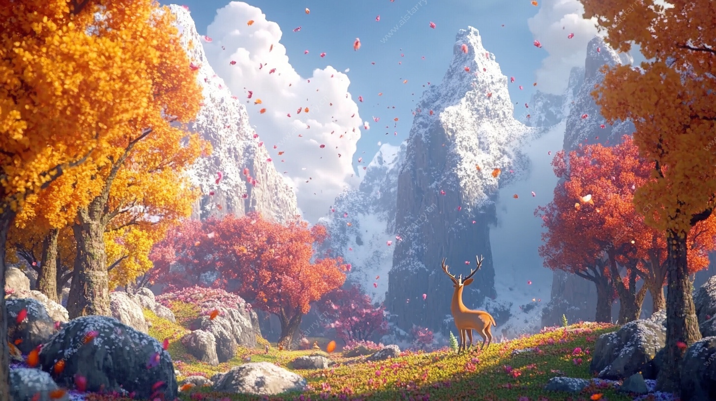 秋日山林鹿影奇幻美景