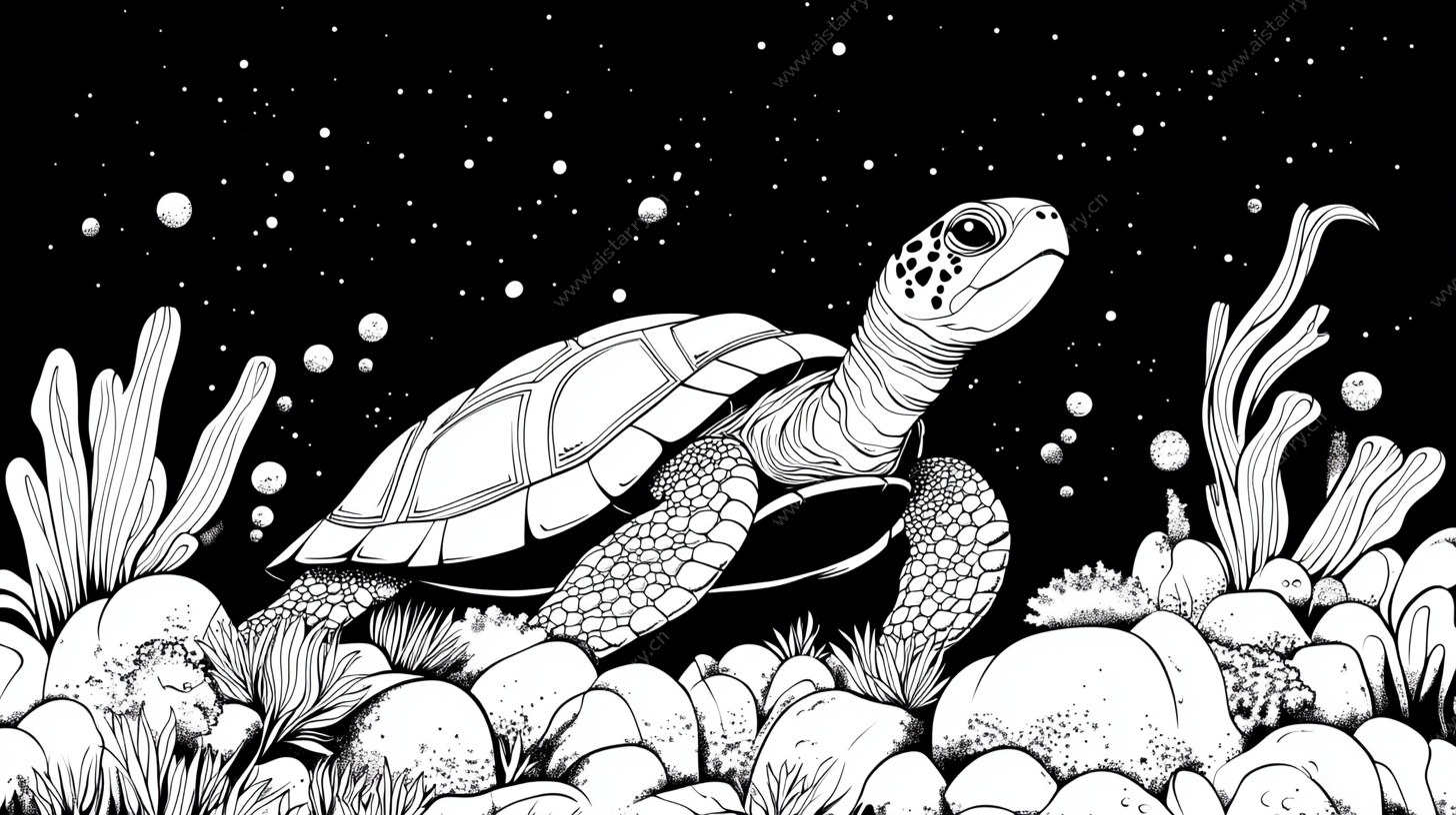 深海海龟黑白插画