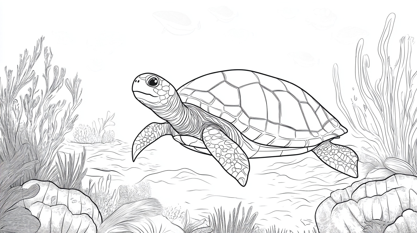 海龟在海底畅游黑白插画