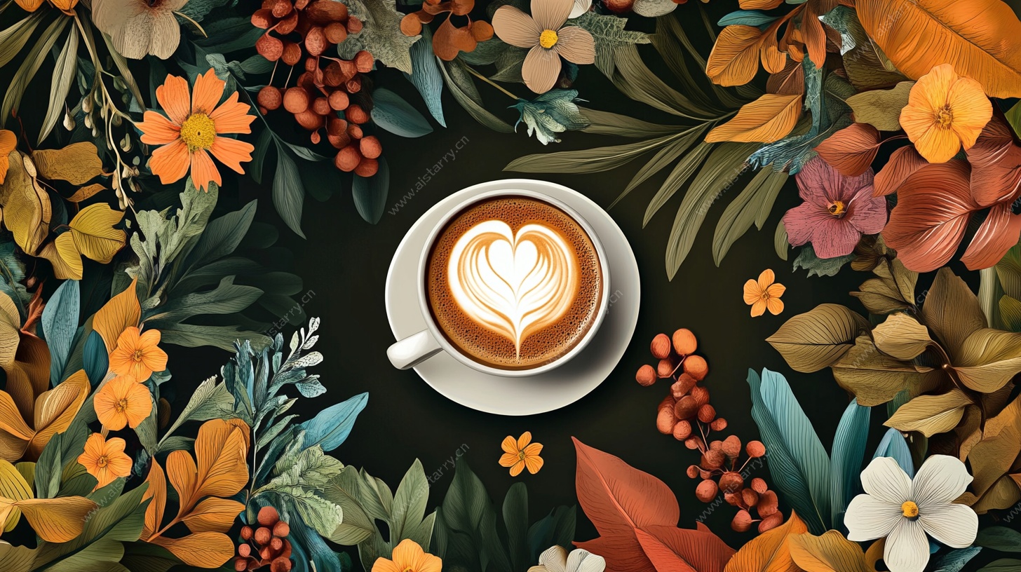 花卉环绕的拿铁咖啡艺术